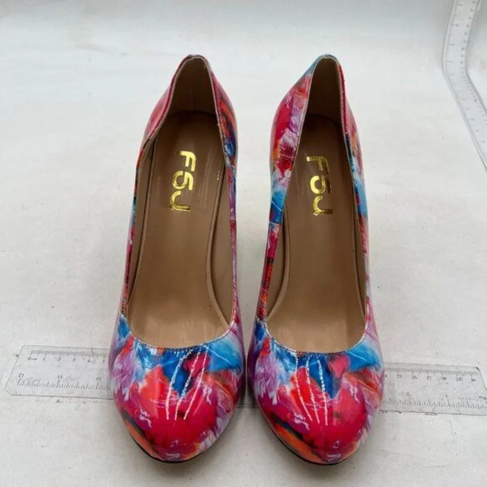 FSJ Women Stylish Closed Toe Rhinestone Emerald Chunky High Heel Pumps - Picture 3 of 8